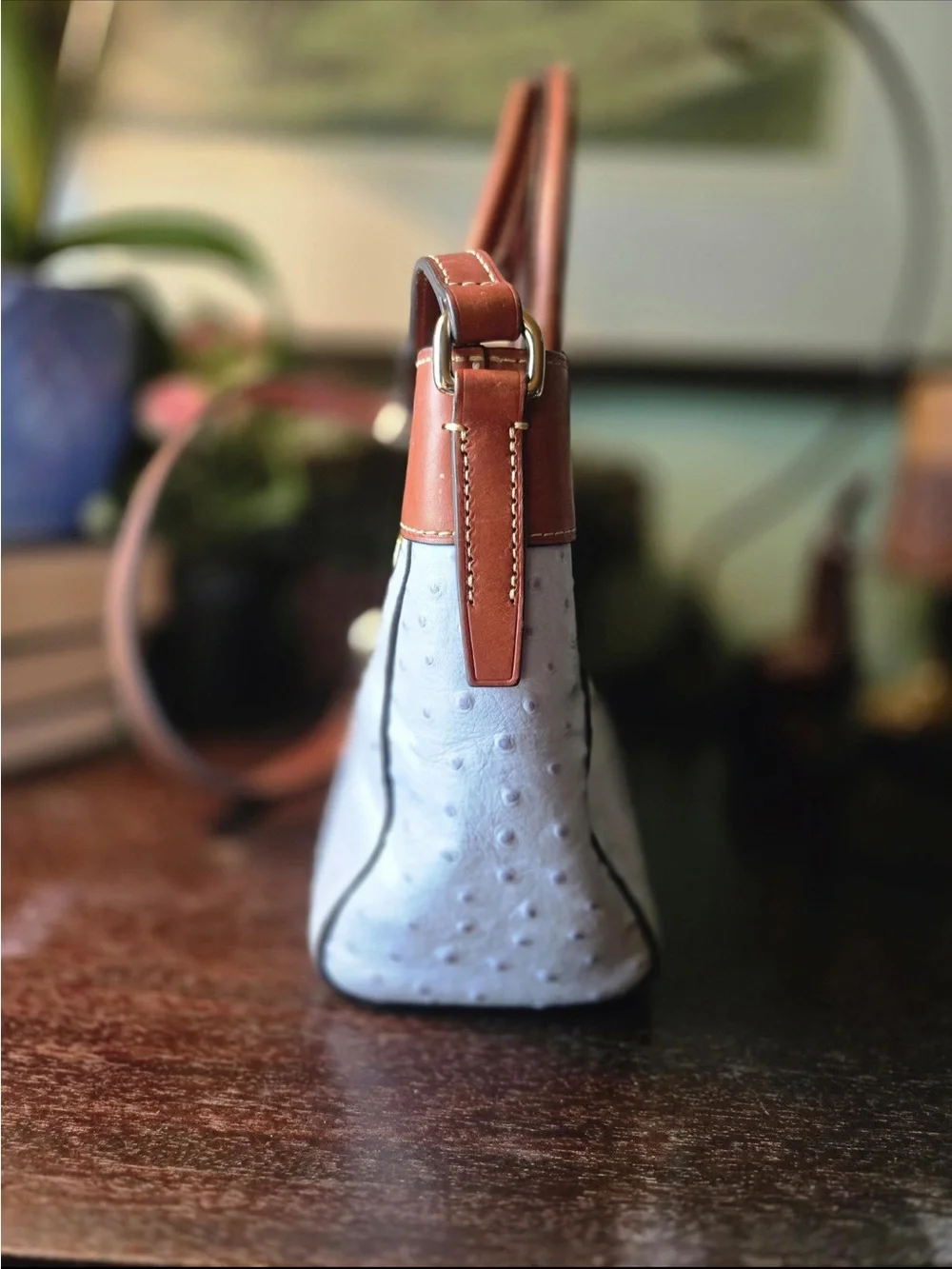 Dooney & Bourke
Beautiful light blue Ostrich 
Leather Satchel with Brown Triim - Picture 6 of 16